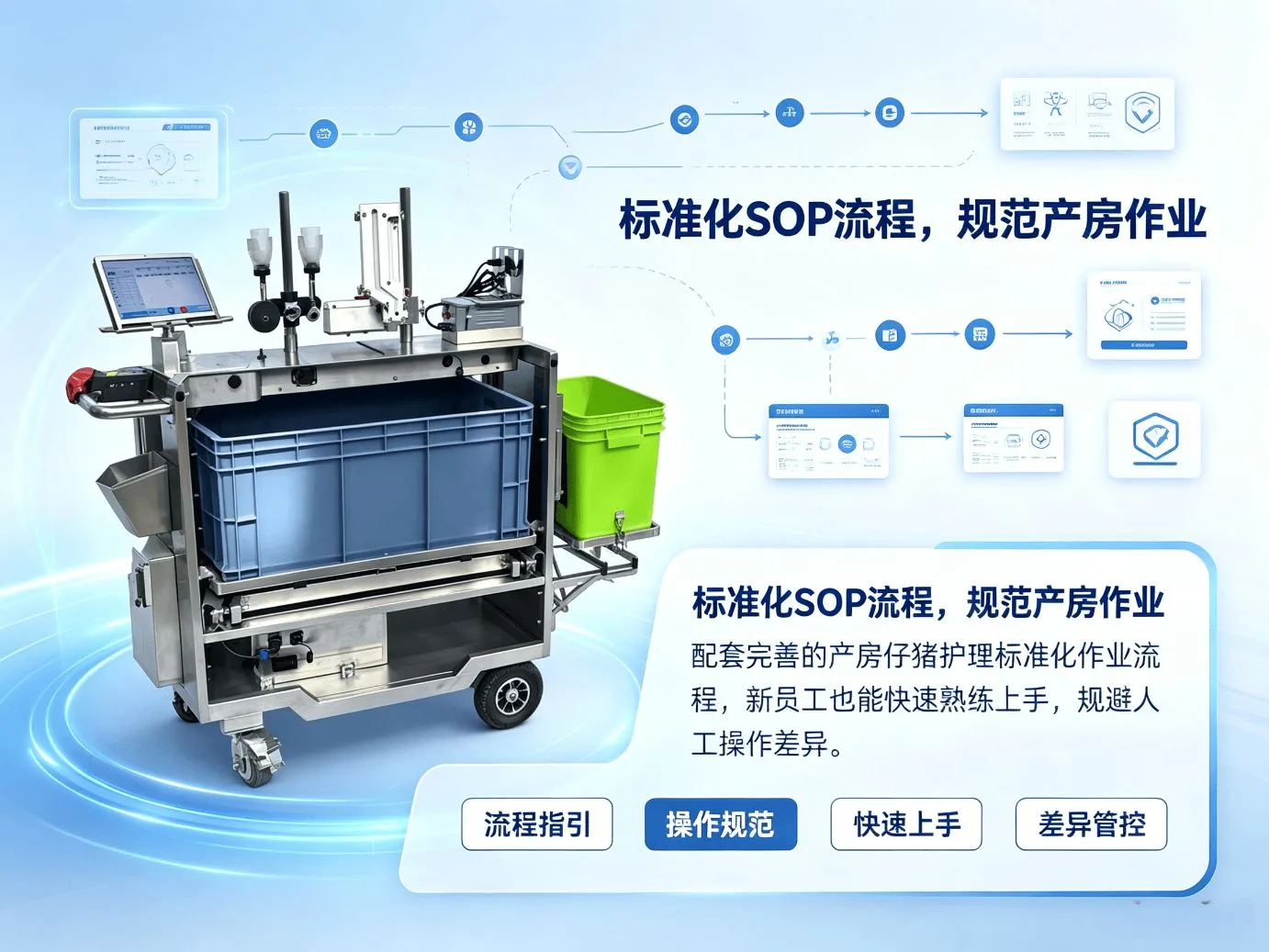 互牧产房仔猪护理车标准化SOP作业流程：栏位识别到建档存档全程规范